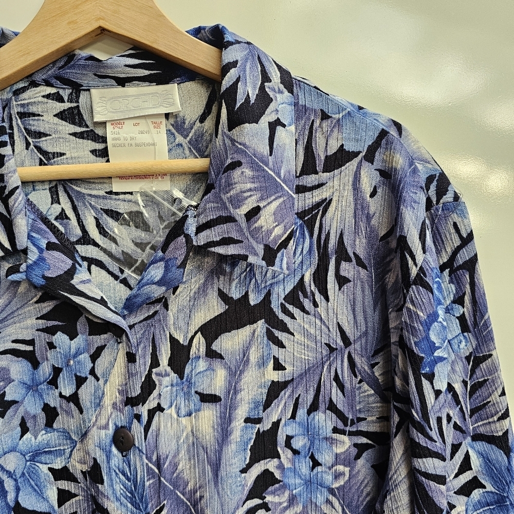 Vintage Blue and White Tropical Leaf Floral Button Up Blouse Semisheer XL NOS - Picture 3 of 12